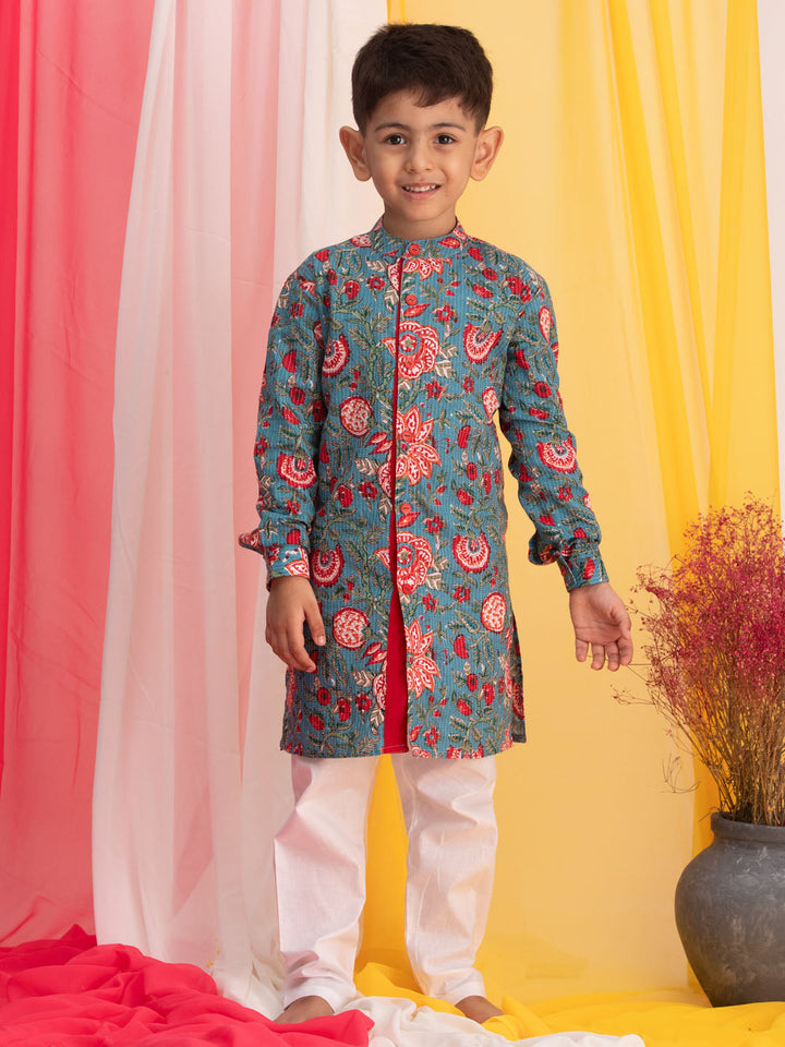 VASTRAMAY Boy's Blue Floral Print Front Open Kurta with Pyjama Set - qivii