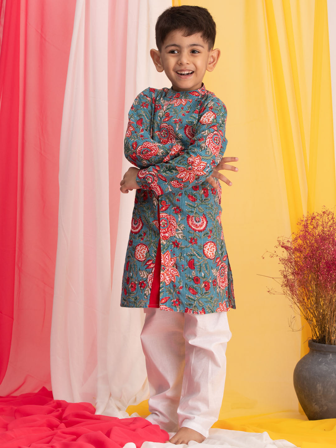 VASTRAMAY Boy's Blue Floral Print Front Open Kurta with Pyjama Set - qivii