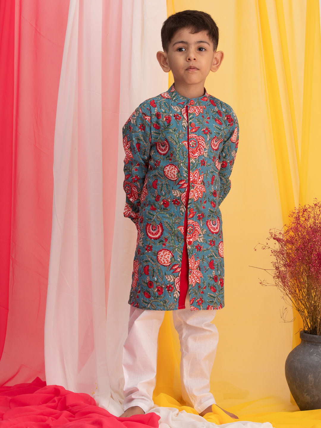 VASTRAMAY Boy's Blue Floral Print Front Open Kurta with Pyjama Set - qivii