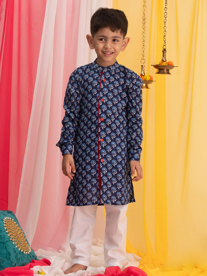 VASTRAMAY Boy's Blue Floral Printed Front Open Kurta with Pyjama Set - qivii