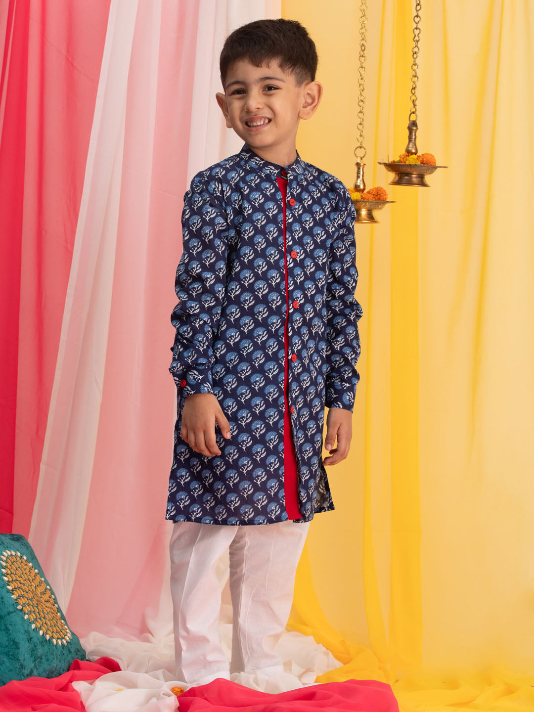 VASTRAMAY Boy's Blue Floral Printed Front Open Kurta with Pyjama Set - qivii