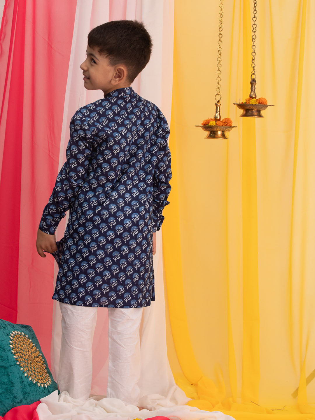 VASTRAMAY Boy's Blue Floral Printed Front Open Kurta with Pyjama Set - qivii