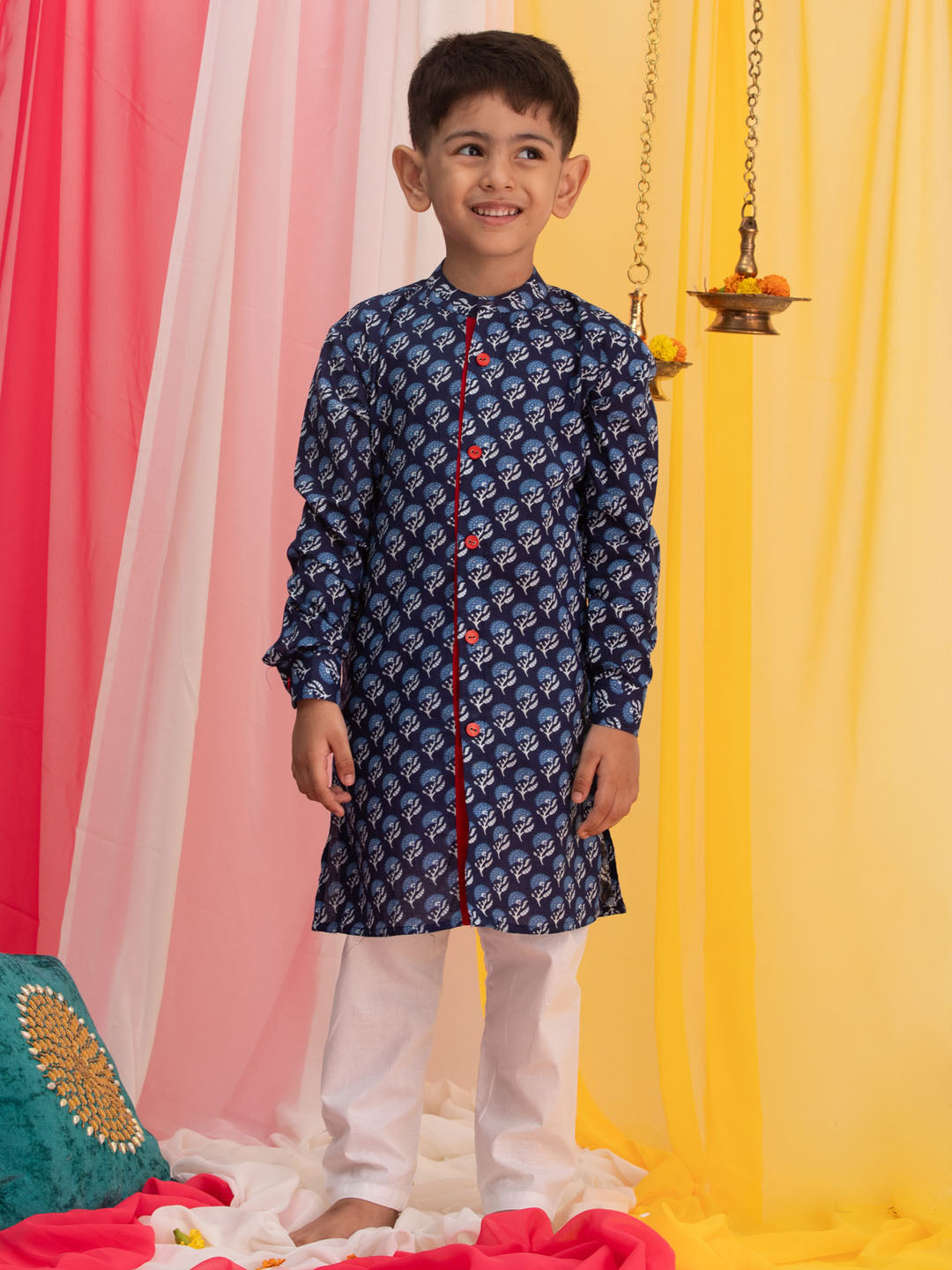 VASTRAMAY Boy's Blue Floral Printed Front Open Kurta with Pyjama Set - qivii