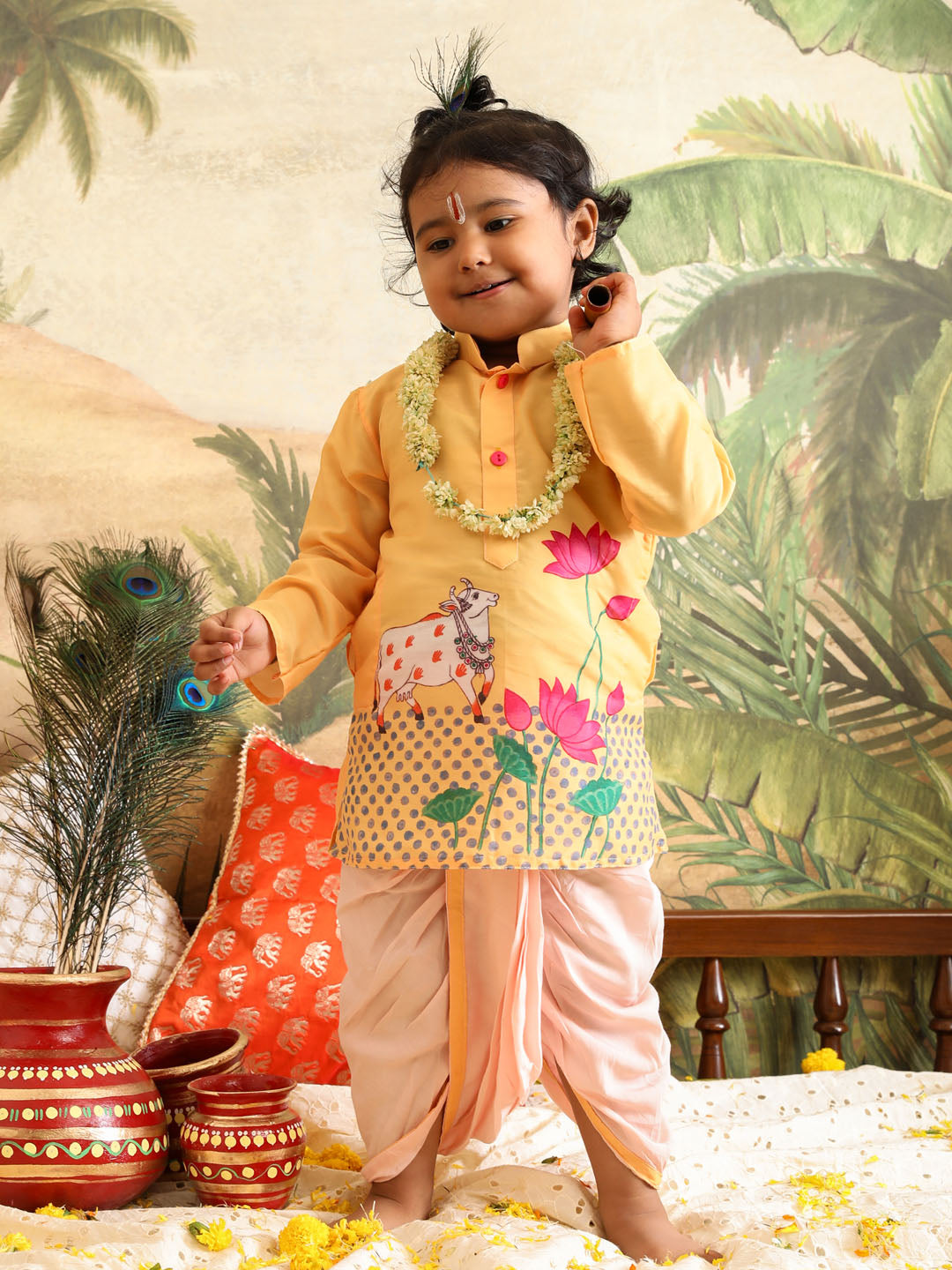VASTRAMAY Boys' Yellow Krishna Kurta And Dhoti Set - qivii