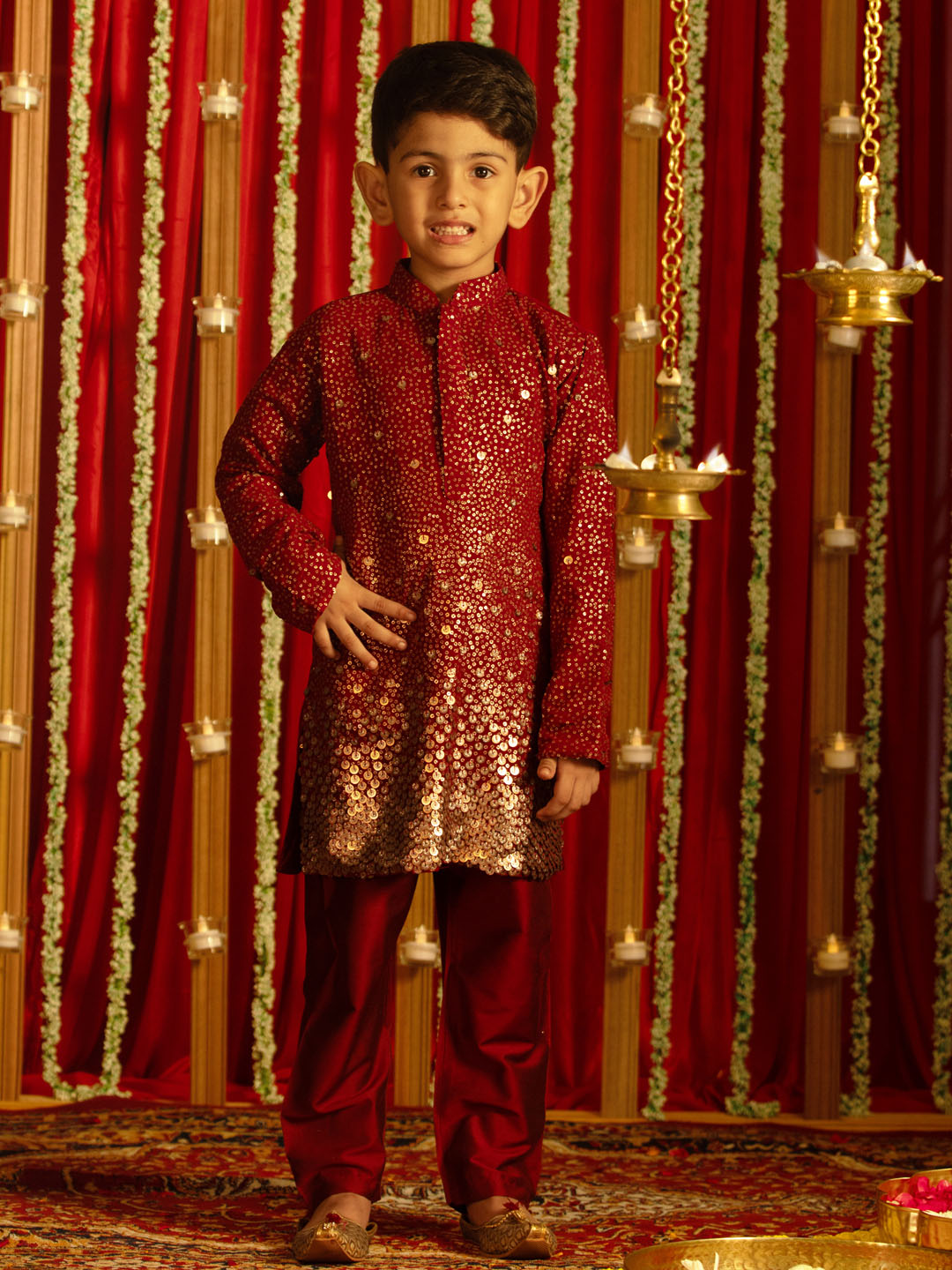 VASTRAMAY Boys' Maroon Sequin With Zari Worked Georgette Kurta Pyjama Set - qivii