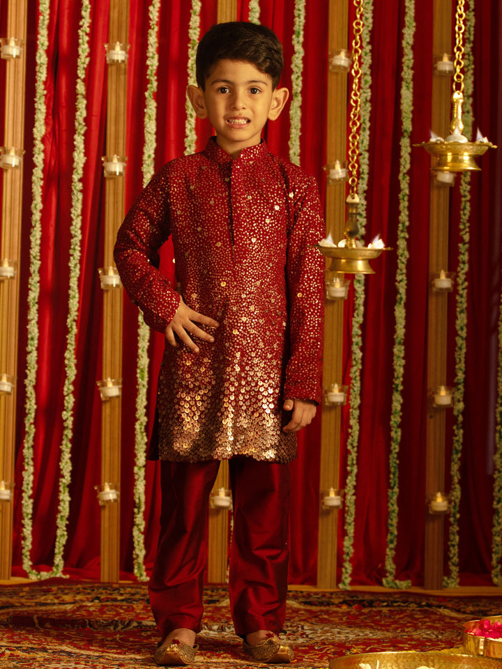 VASTRAMAY Boys' Maroon Sequin With Zari Worked Georgette Kurta Pyjama Set - qivii