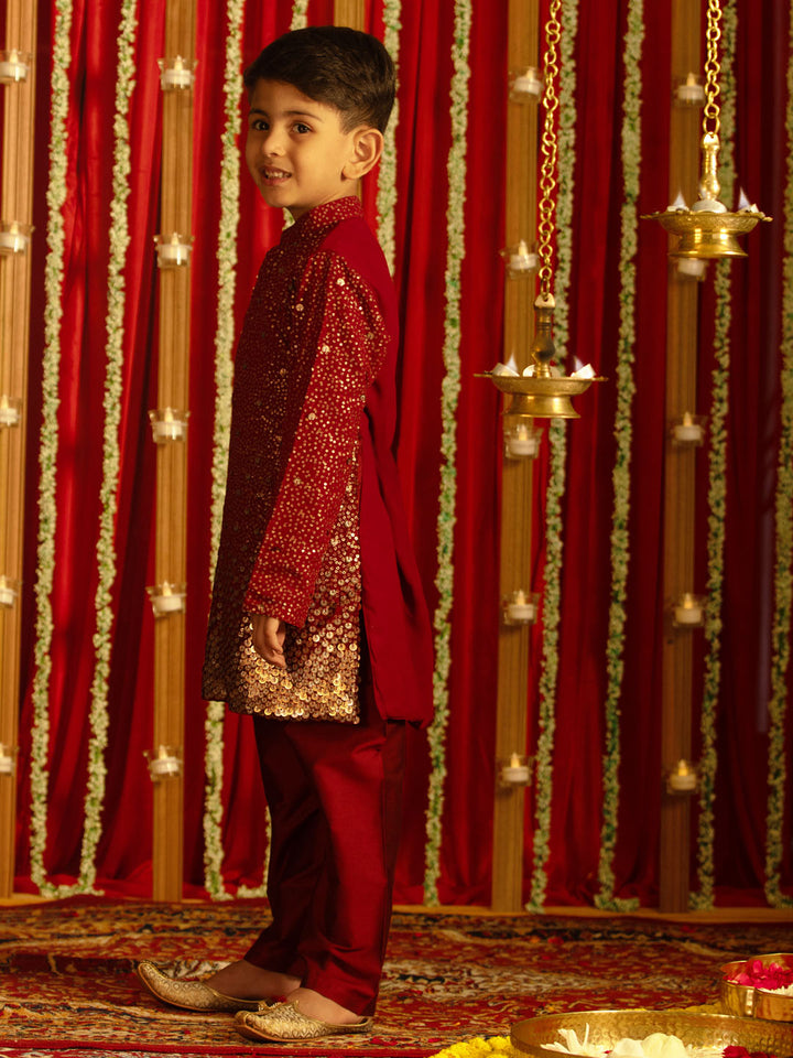 VASTRAMAY Boys' Maroon Sequin With Zari Worked Georgette Kurta Pyjama Set - qivii
