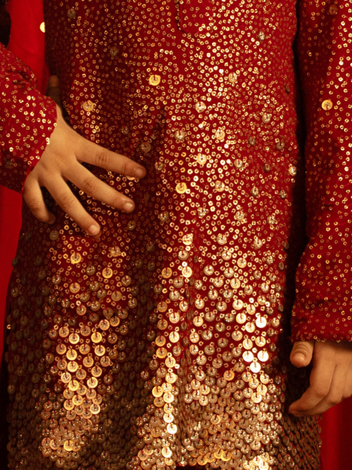 VASTRAMAY Boys' Maroon Sequin With Zari Worked Georgette Kurta Pyjama Set - qivii