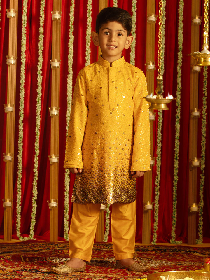 VASTRAMAY Boys' Yellow Sequin With Zari Worked Georgette Kurta Pyjama Set - qivii