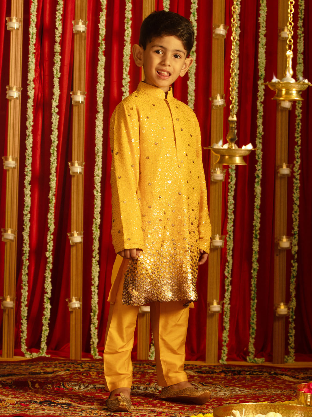 VASTRAMAY Boys' Yellow Sequin With Zari Worked Georgette Kurta Pyjama Set - qivii
