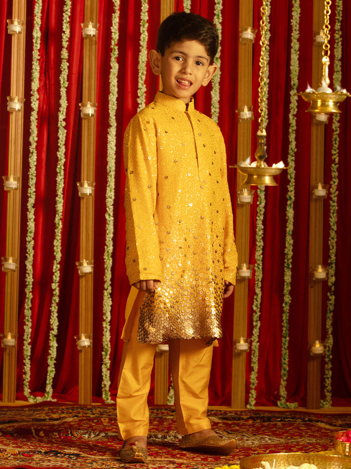 VASTRAMAY Boys' Yellow Sequin With Zari Worked Georgette Kurta Pyjama Set - qivii
