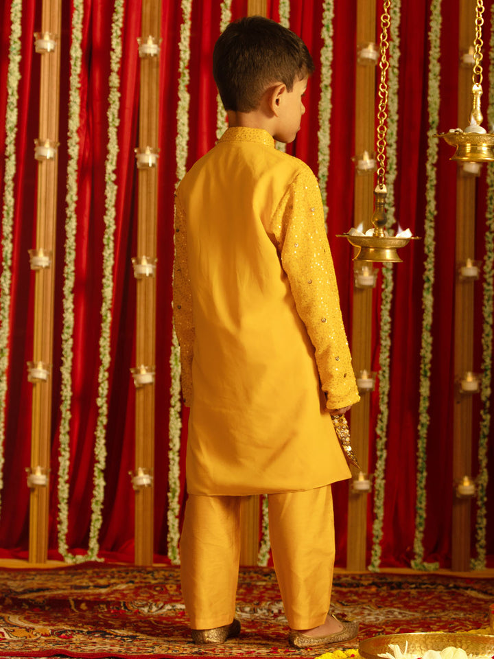 VASTRAMAY Boys' Yellow Sequin With Zari Worked Georgette Kurta Pyjama Set - qivii