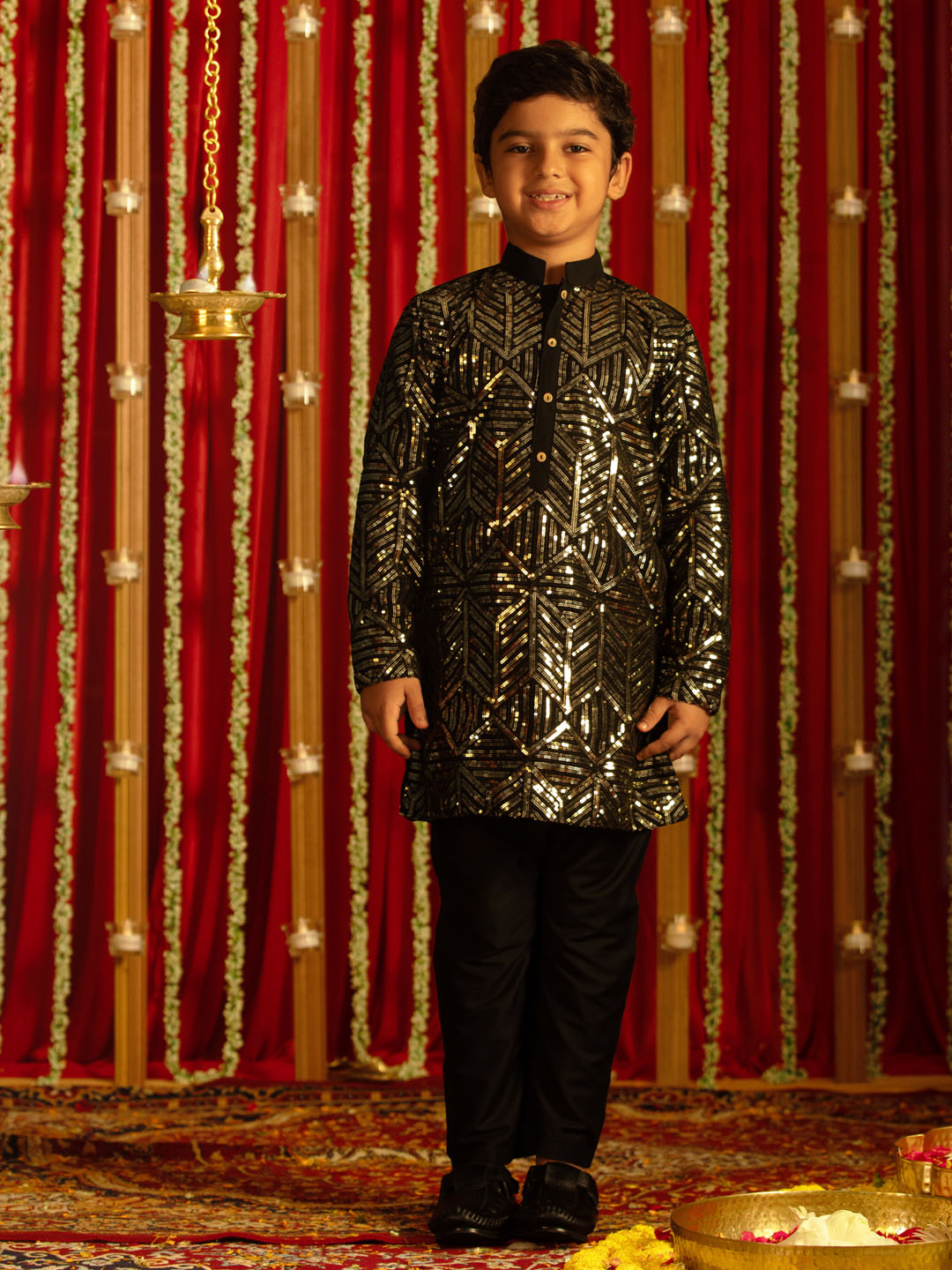 VASTRAMAY Boys' Black Embellished Georgette Kurta Pyjama Set - qivii