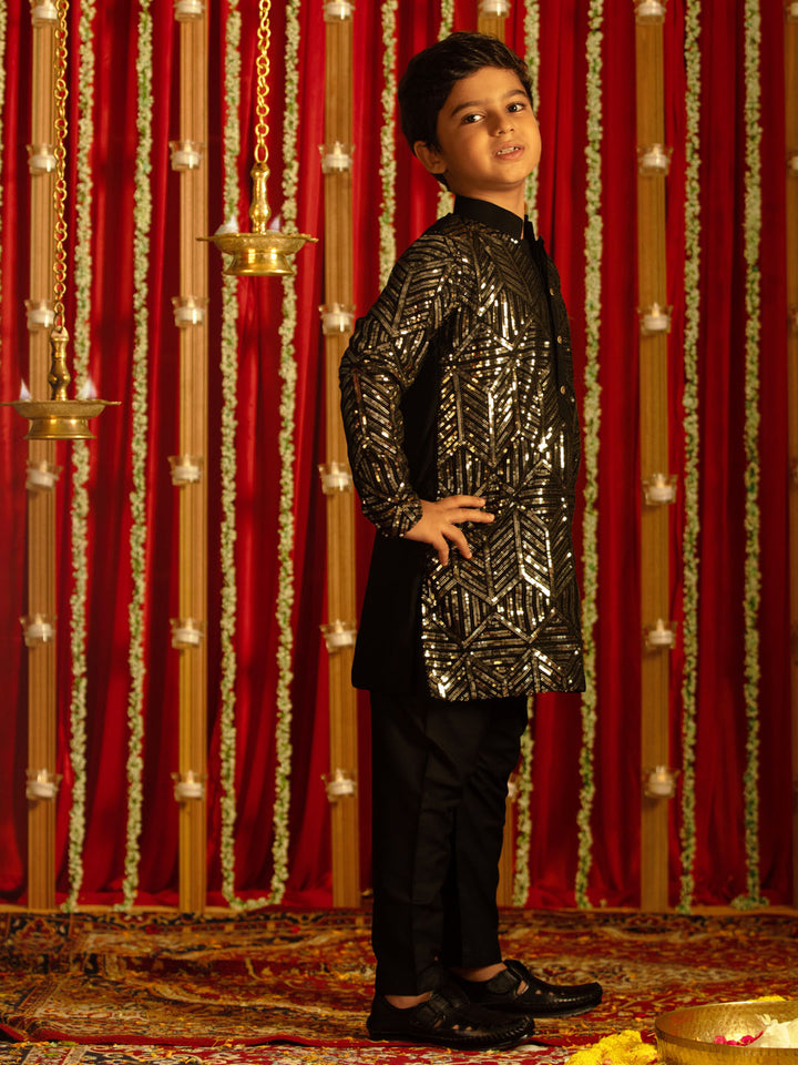 VASTRAMAY Boys' Black Embellished Georgette Kurta Pyjama Set - qivii