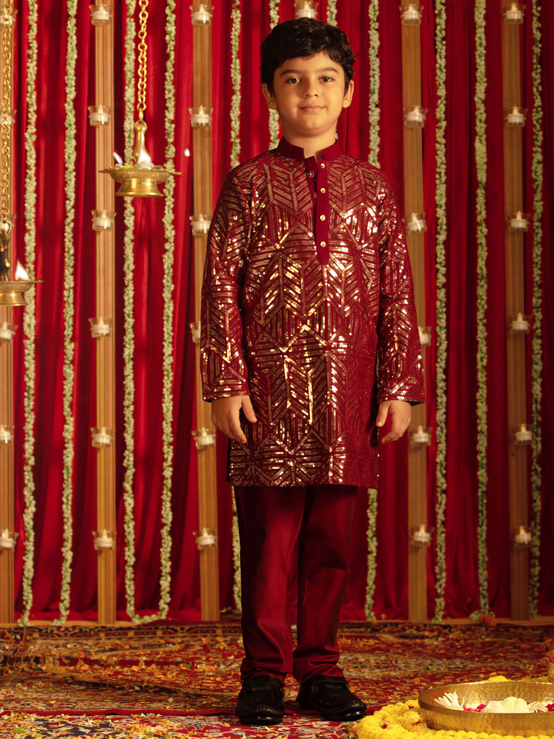 VASTRAMAY Boys' Maroon Embellished Georgette Kurta Pyjama Set - qivii