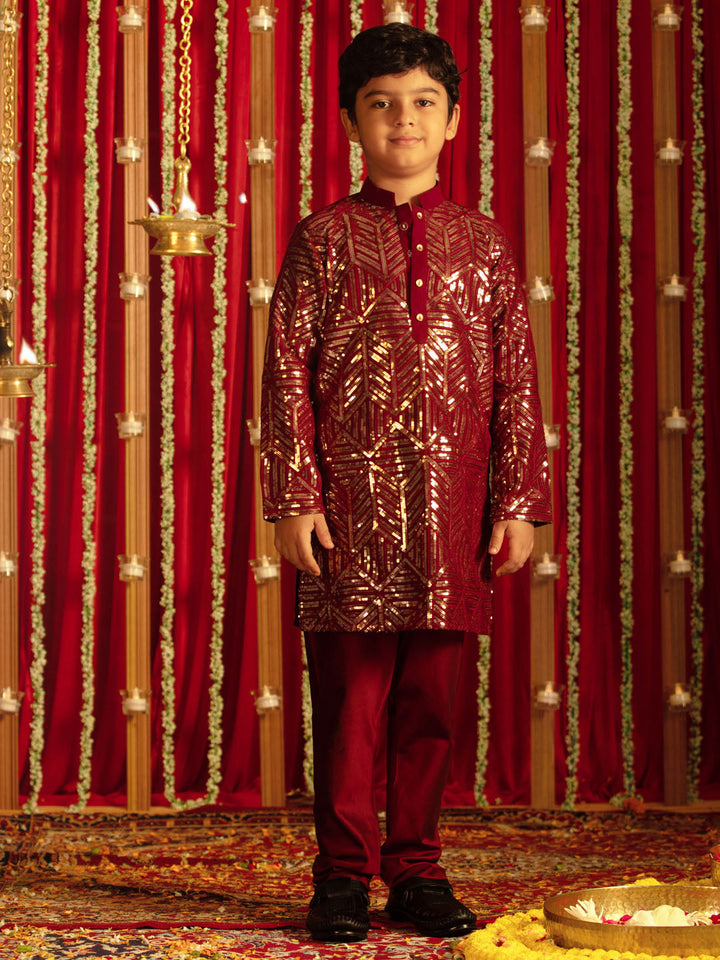 VASTRAMAY Boys' Maroon Embellished Georgette Kurta Pyjama Set - qivii