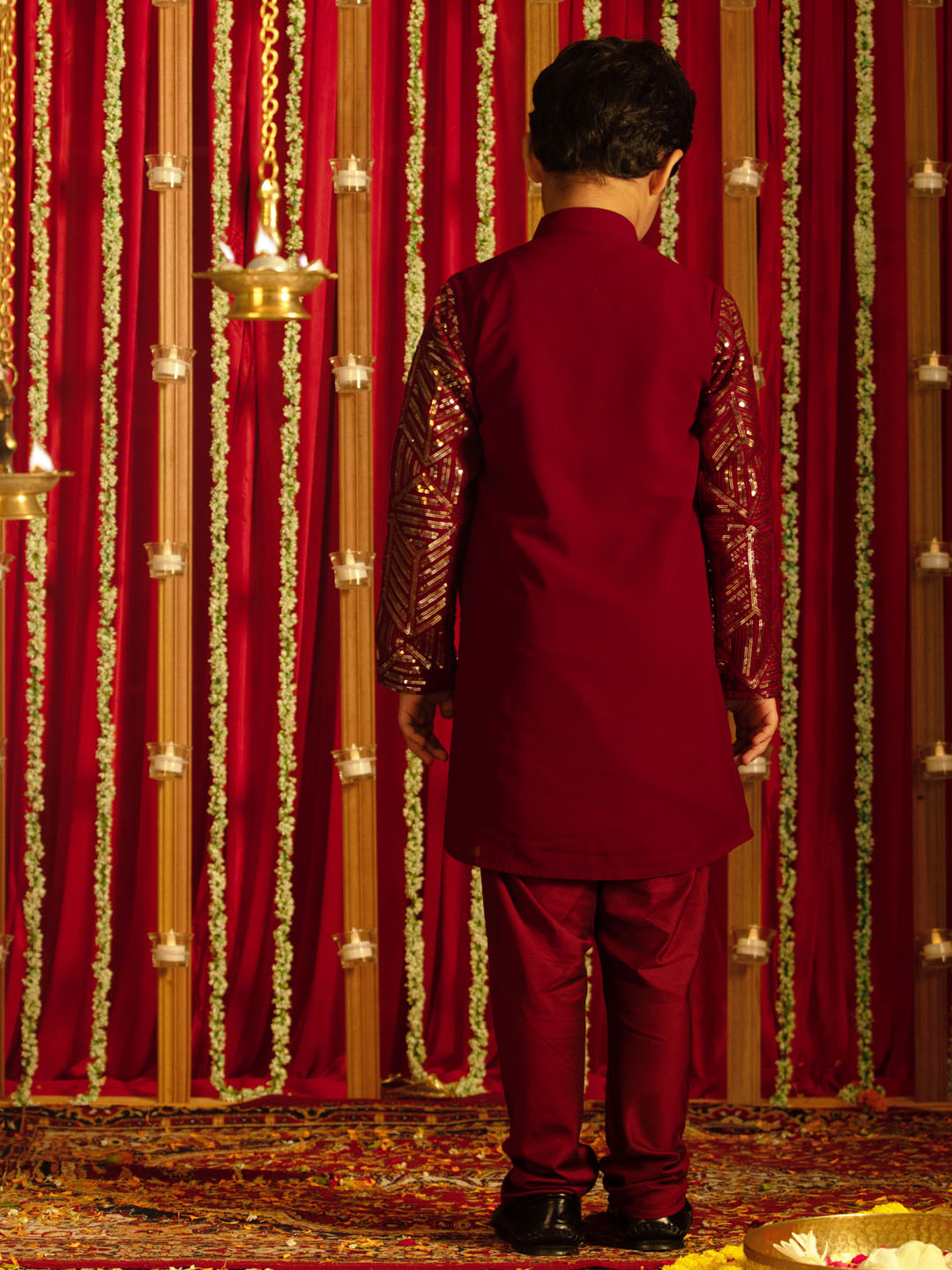 VASTRAMAY Boys' Maroon Embellished Georgette Kurta Pyjama Set - qivii