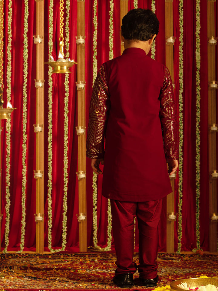 VASTRAMAY Boys' Maroon Embellished Georgette Kurta Pyjama Set - qivii