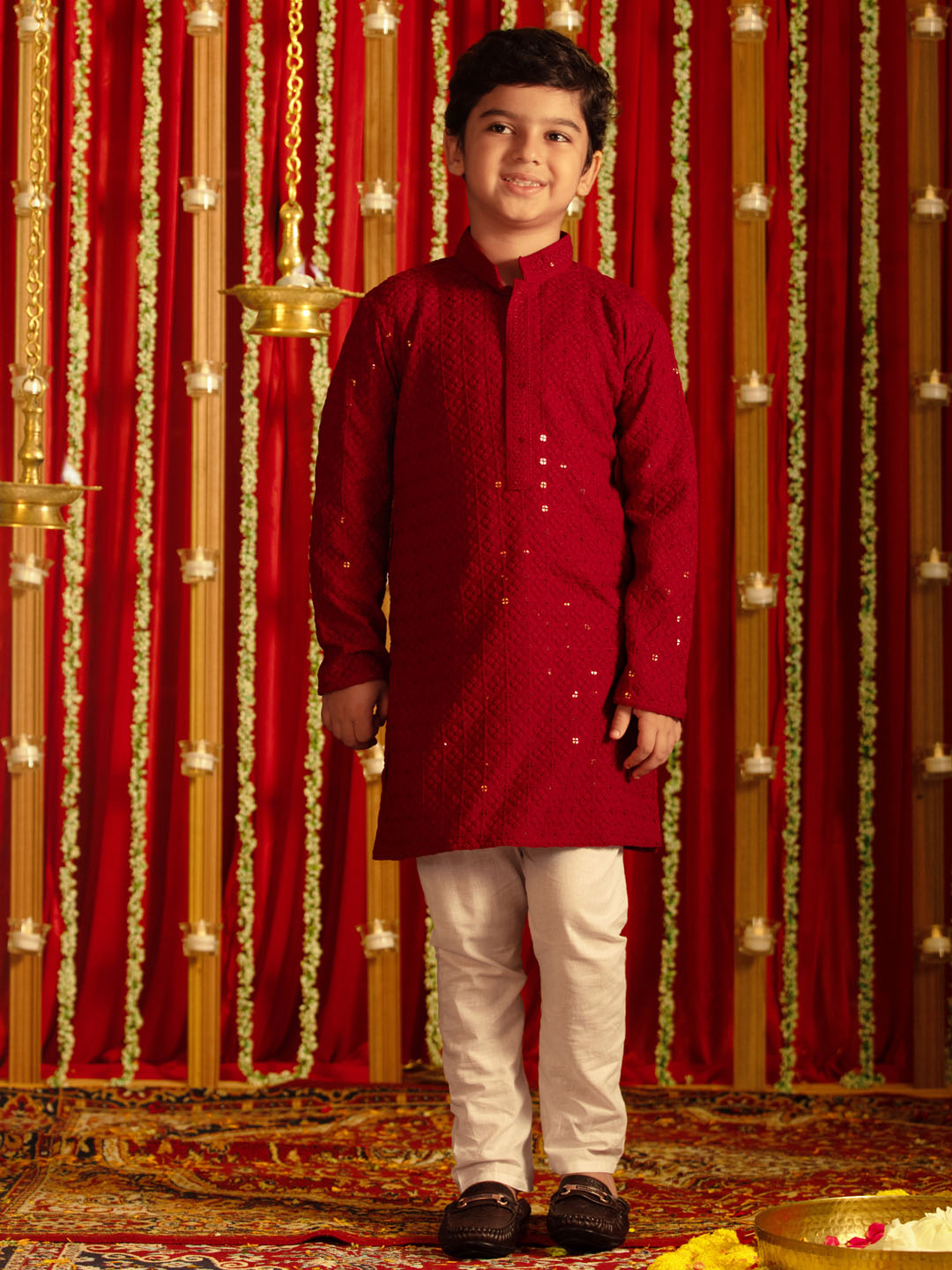 VASTRAMAY Boys' Maroon And White Schiffli  Kurta Pyjama Set - qivii