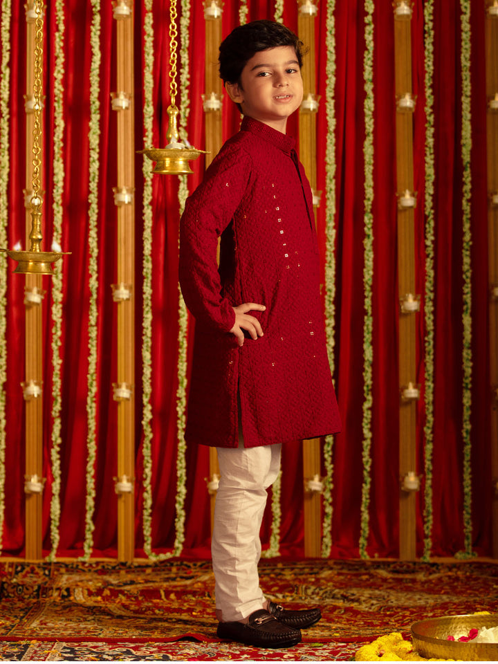 VASTRAMAY Boys' Maroon And White Schiffli  Kurta Pyjama Set - qivii