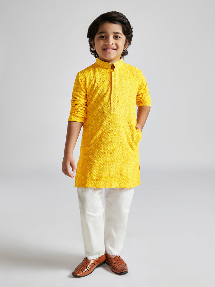 VASTRAMAY Boys' Yellow And White Schiffli Kurta Pyjama Set - qivii