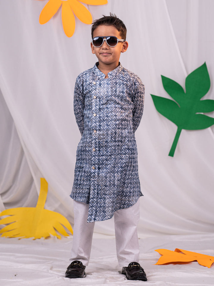 VASTRAMAY Boys' Grey Angrakha Printed Cotton Kurta Pyjama Set - qivii