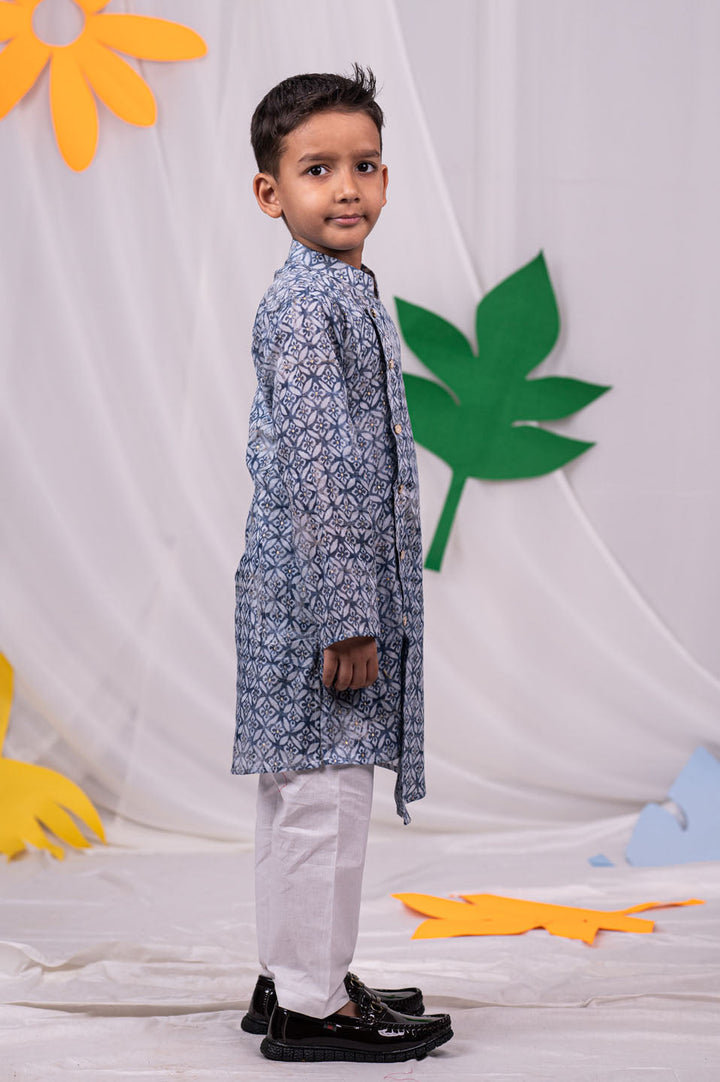 VASTRAMAY Boys' Grey Angrakha Printed Cotton Kurta Pyjama Set - qivii
