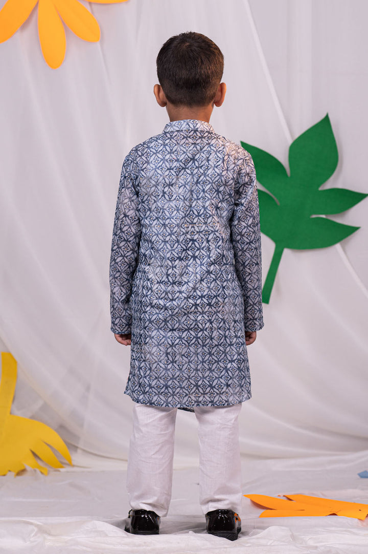 VASTRAMAY Boys' Grey Angrakha Printed Cotton Kurta Pyjama Set - qivii