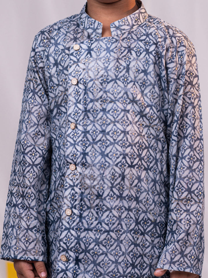 VASTRAMAY Boys' Grey Angrakha Printed Cotton Kurta Pyjama Set - qivii