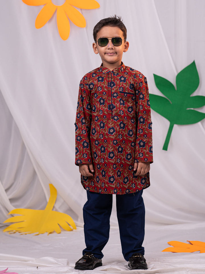 VASTRAMAY Boys' Rust Brown Floral Kurta Pyjama Set - qivii
