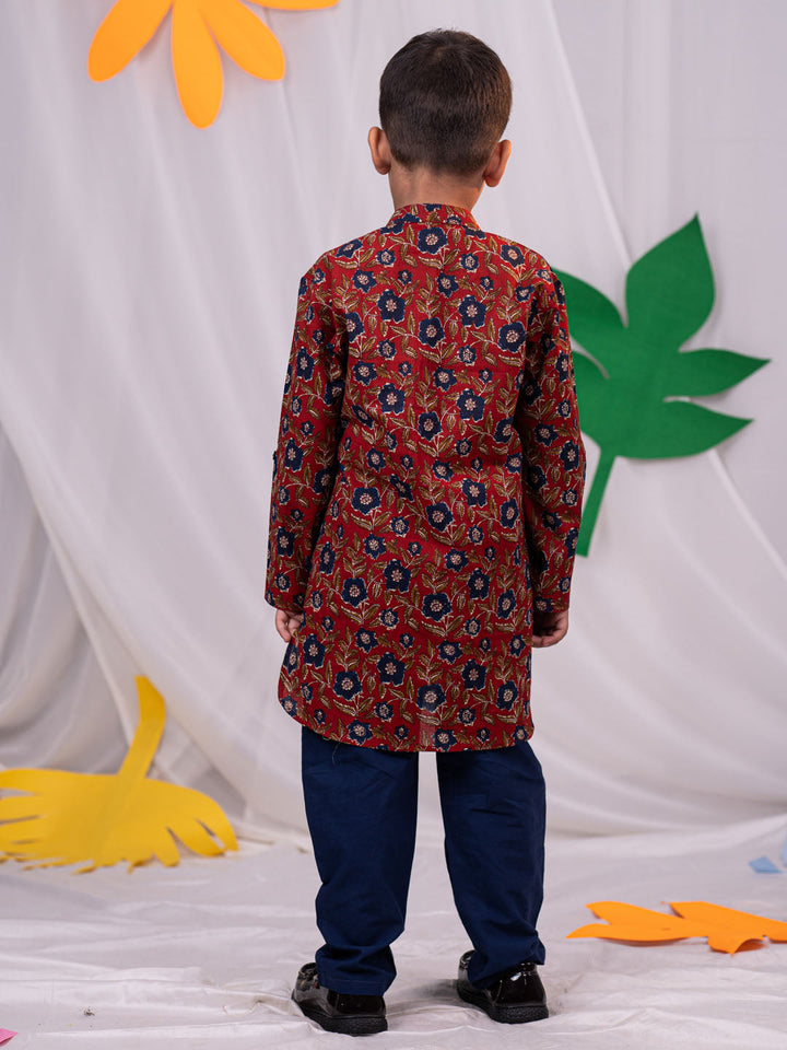 VASTRAMAY Boys' Rust Brown Floral Kurta Pyjama Set - qivii