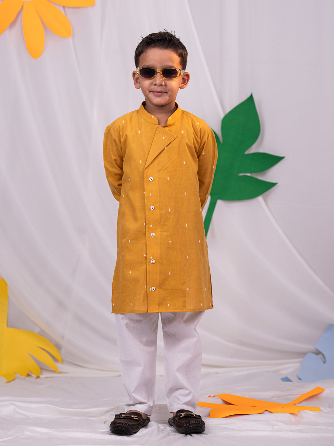 VASTRAMAY Boys' Mustard Self Design Kurta Pyjama Set - qivii