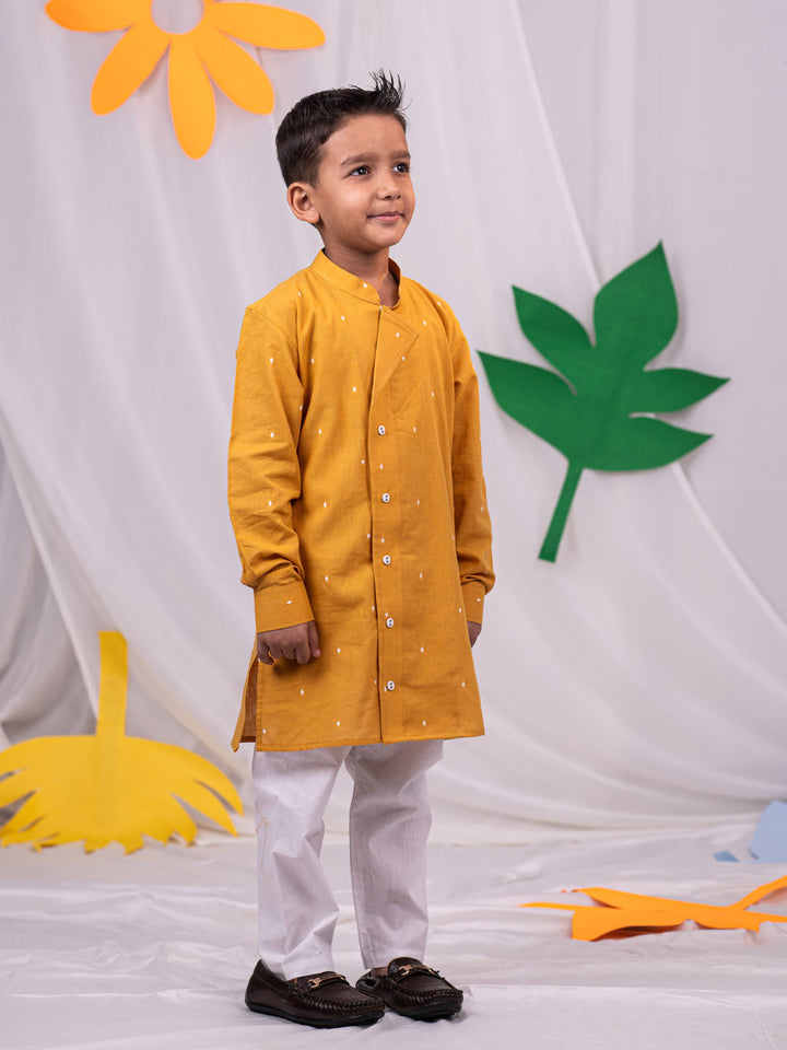 VASTRAMAY Boys' Mustard Self Design Kurta Pyjama Set - qivii