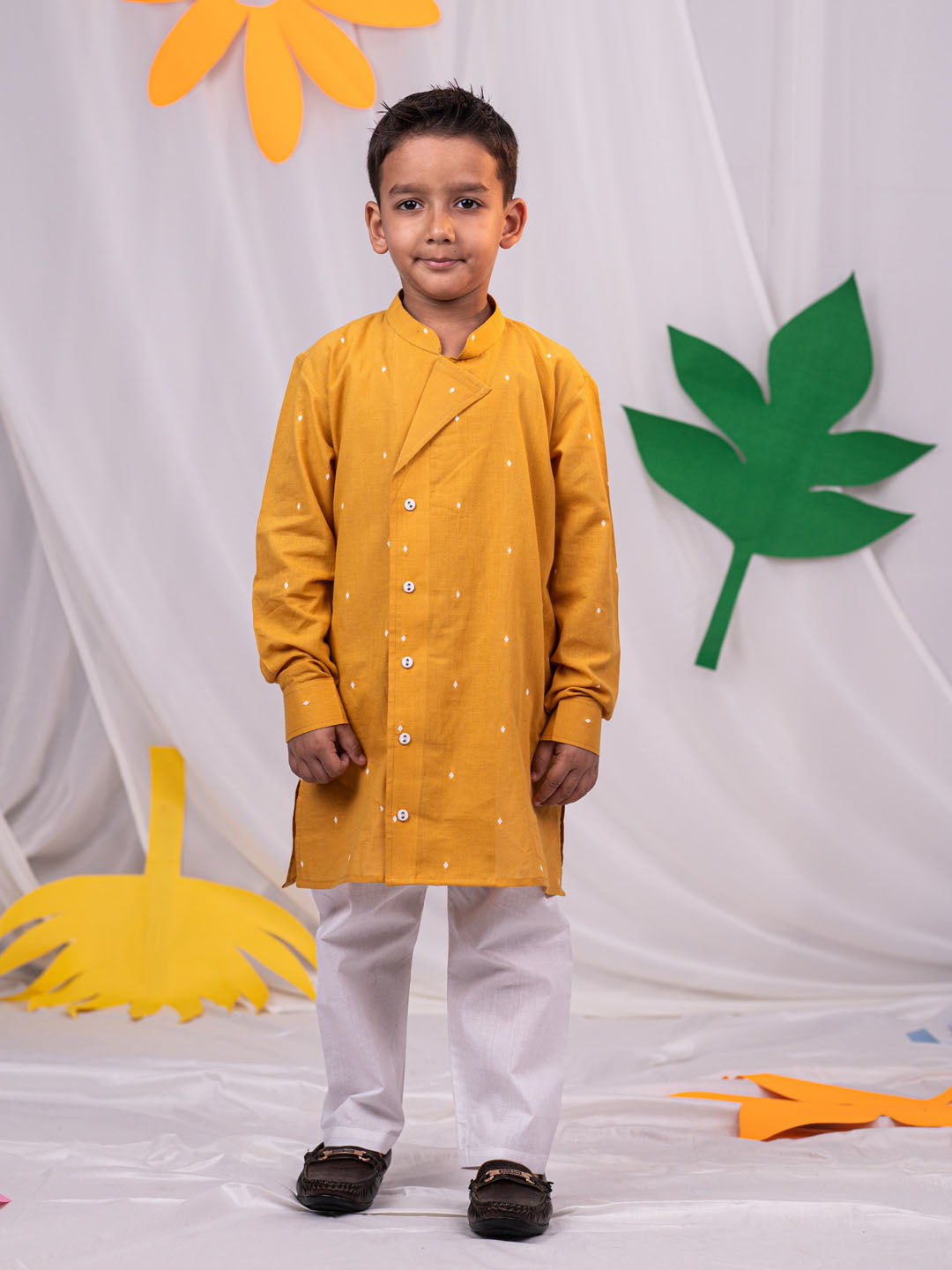 VASTRAMAY Boys' Mustard Self Design Kurta Pyjama Set - qivii