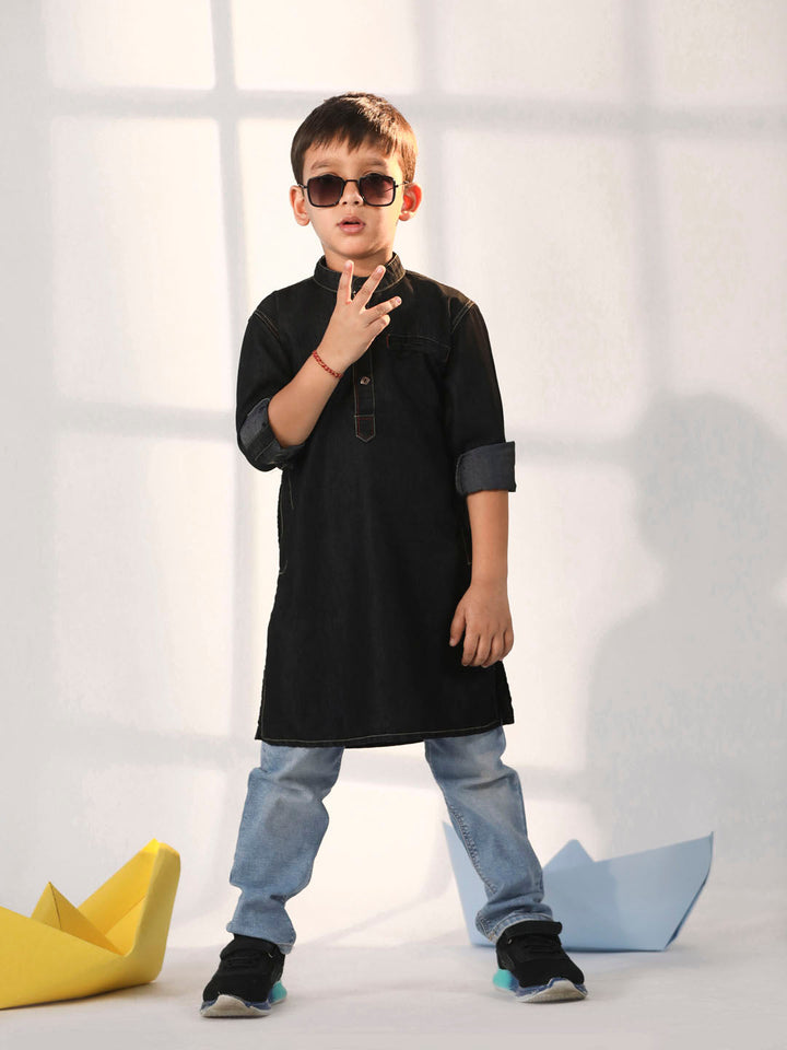 VASTRAMAY Boys' Black Denim Kurta - qivii