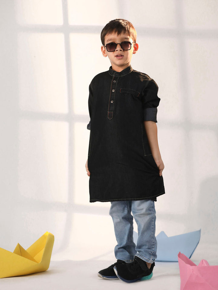 VASTRAMAY Boys' Black Denim Kurta - qivii
