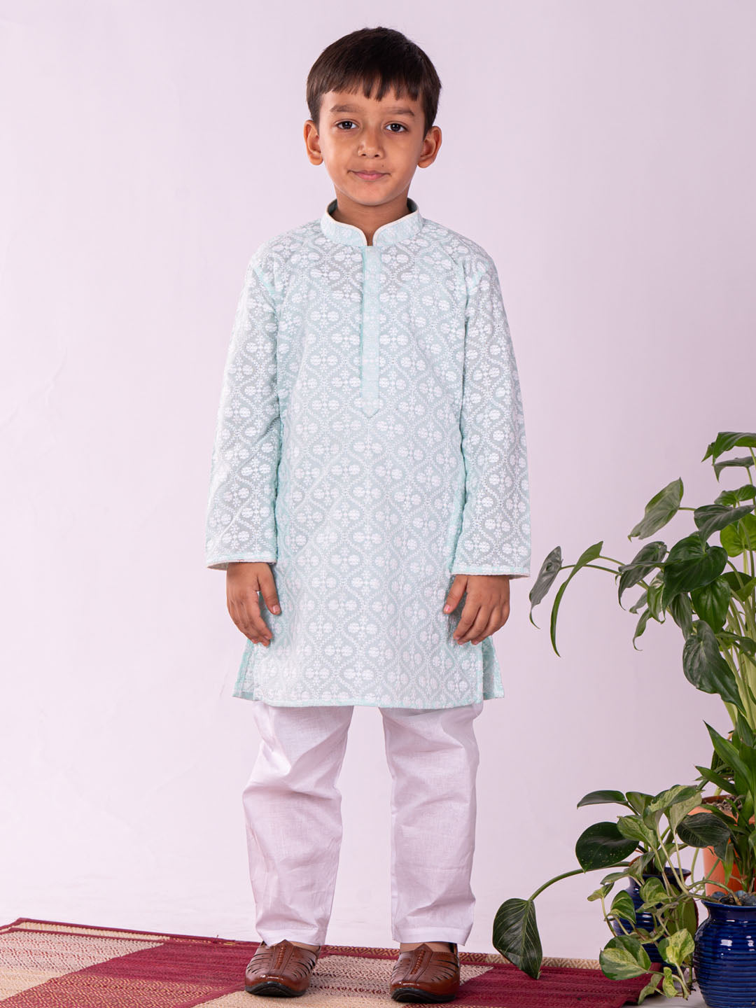 VASTRAMAY Boys' Green And White Kurta And Pyjama Set - qivii
