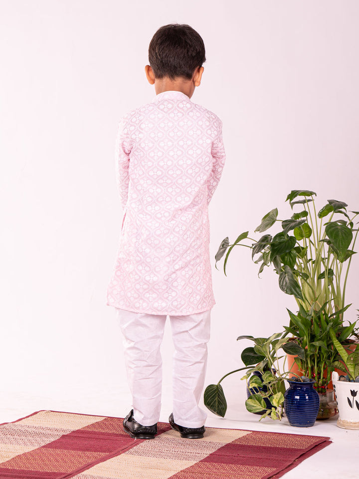 VASTRAMAY Boys' Pink And White Kurta And Pyjama Set - qivii