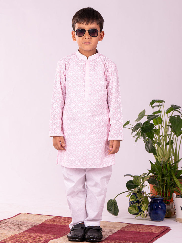 VASTRAMAY Boys' Pink And White Kurta And Pyjama Set - qivii