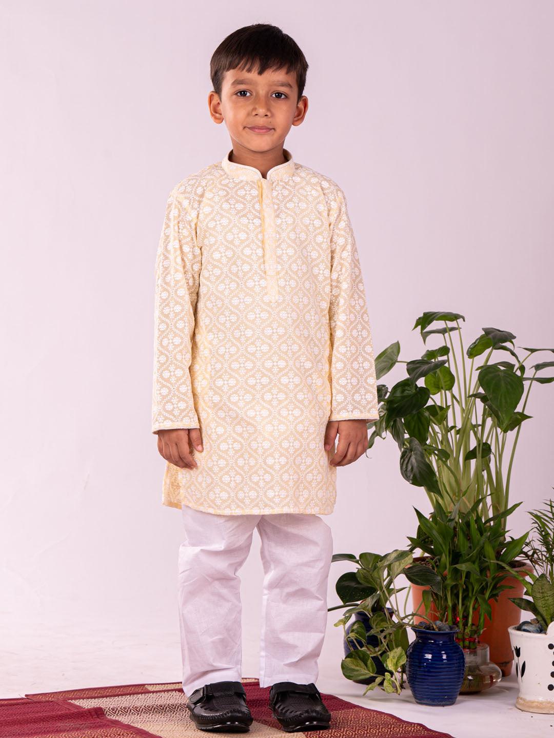 VASTRAMAY Boys' Yellow Chikankari Worked Cotton Kurta Pyjama Set - qivii