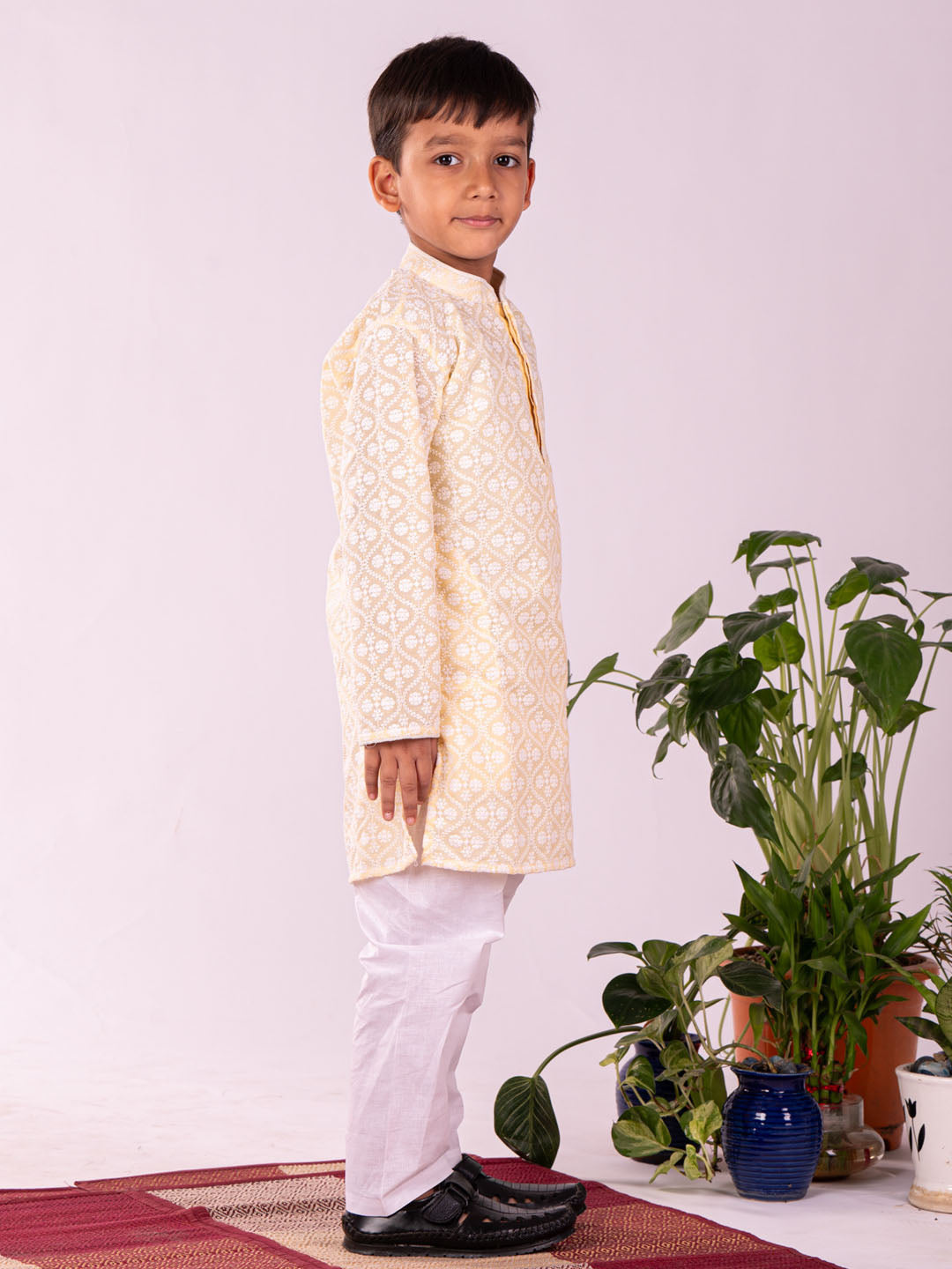 VASTRAMAY Boys' Yellow Chikankari Worked Cotton Kurta Pyjama Set - qivii
