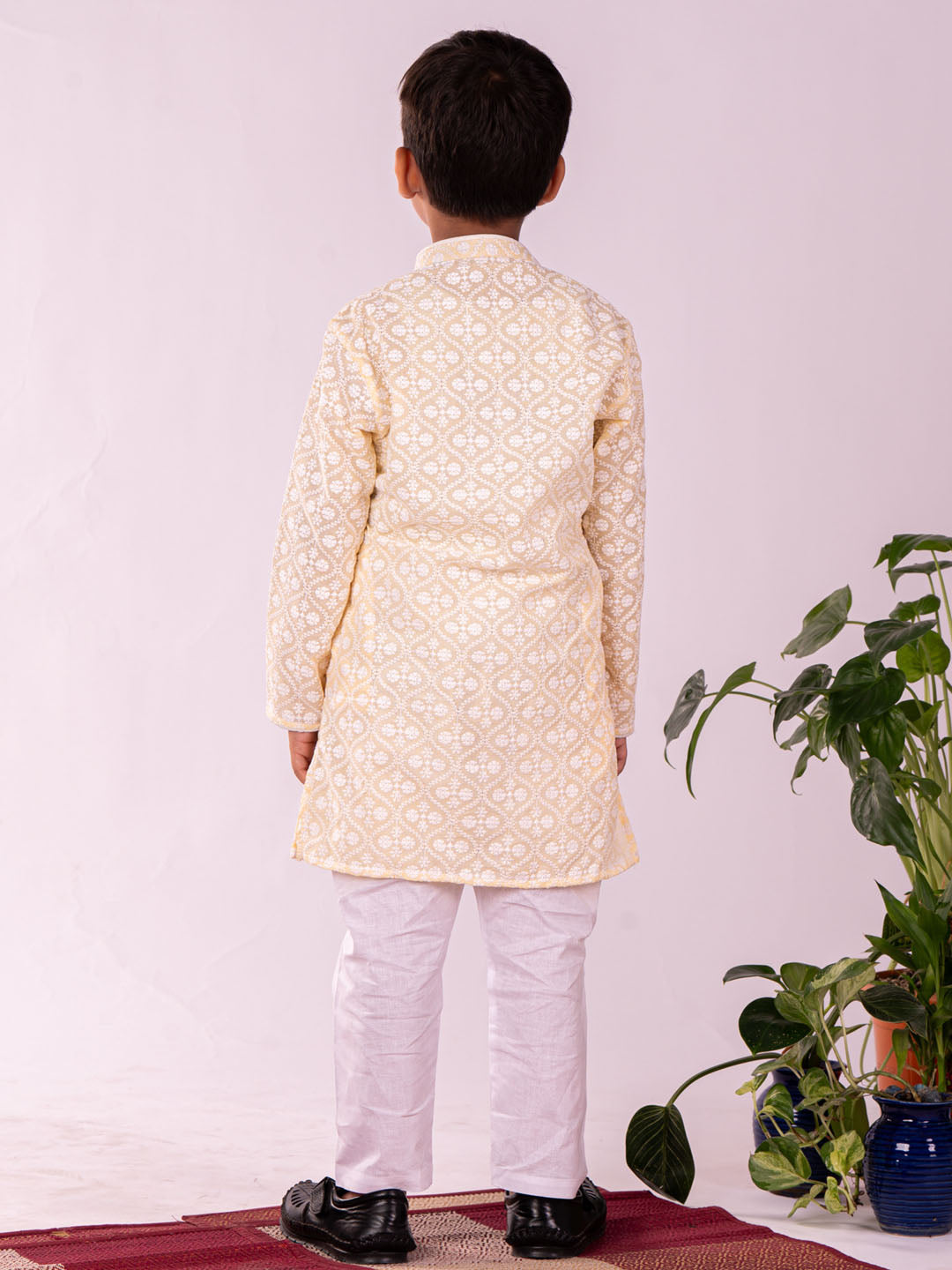 VASTRAMAY Boys' Yellow Chikankari Worked Cotton Kurta Pyjama Set - qivii