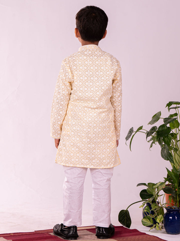 VASTRAMAY Boys' Yellow Chikankari Worked Cotton Kurta Pyjama Set - qivii