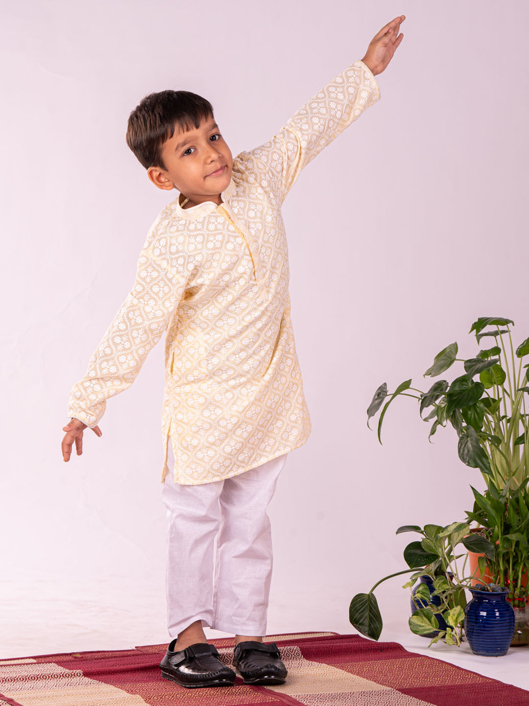 VASTRAMAY Boys' Yellow Chikankari Worked Cotton Kurta Pyjama Set - qivii