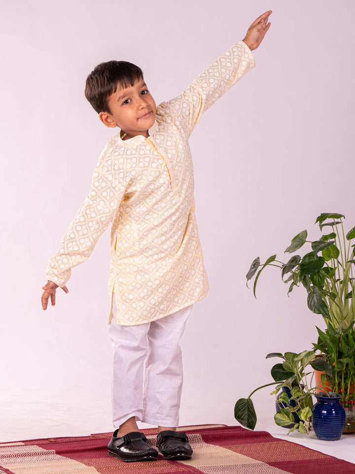 VASTRAMAY Boys' Yellow Chikankari Worked Cotton Kurta Pyjama Set - qivii