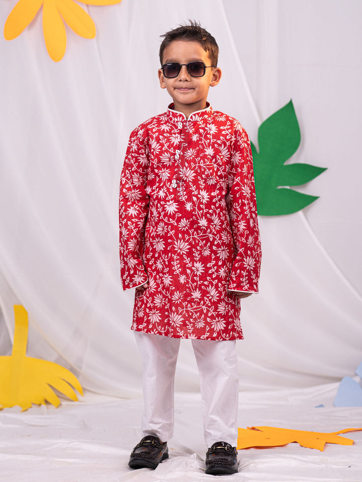 VASTRAMAY Boys' Red And White Kurta And Pyjama Set - qivii