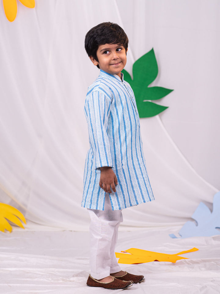 VASTRAMAY Boys' Blue And White Kurta and Pyjama Set - qivii