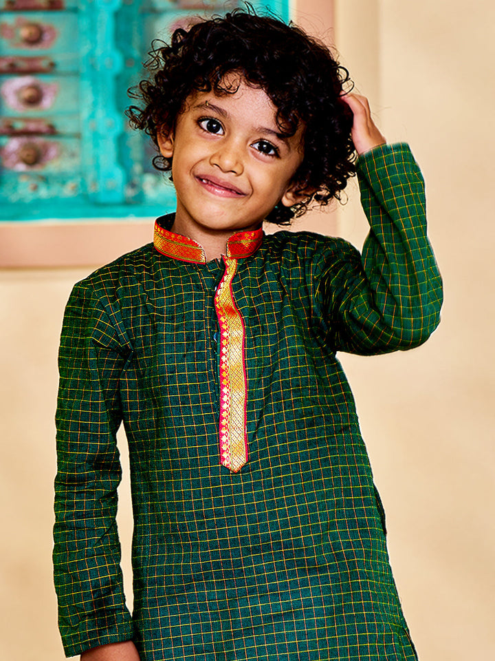 Vastramay Infant Boys' Green And White Cotton Blend Kurta And Mundu Set - qivii