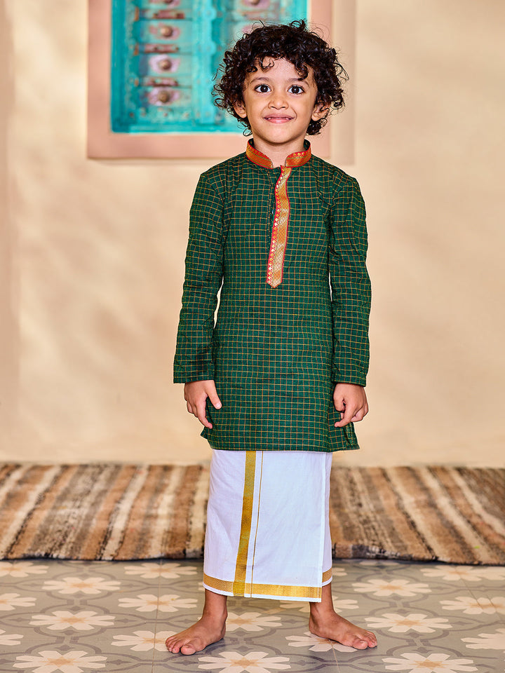 Vastramay Infant Boys' Green And White Cotton Blend Kurta And Mundu Set - qivii