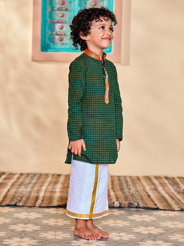 Vastramay Infant Boys' Green And White Cotton Blend Kurta And Mundu Set - qivii
